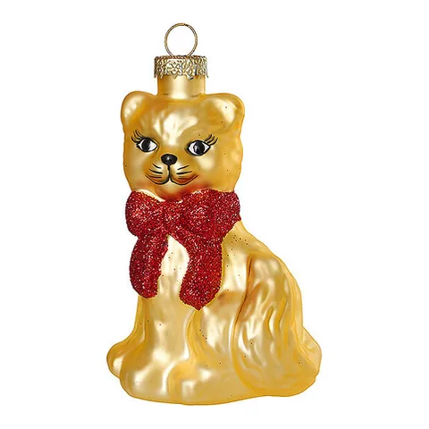 Кошка Дуся с бантом — стеклянная ёлочная игрушка