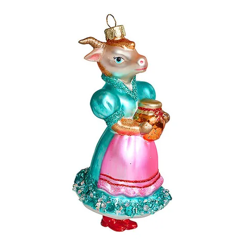 Коза-мама в розовом фартуке — стеклянная ёлочная игрушка